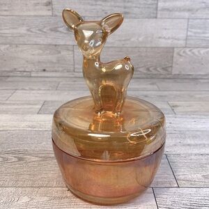 Vintage Jeanette Marigold Carnival Glass Fawn Lidded Candy Trinket Dish 6"